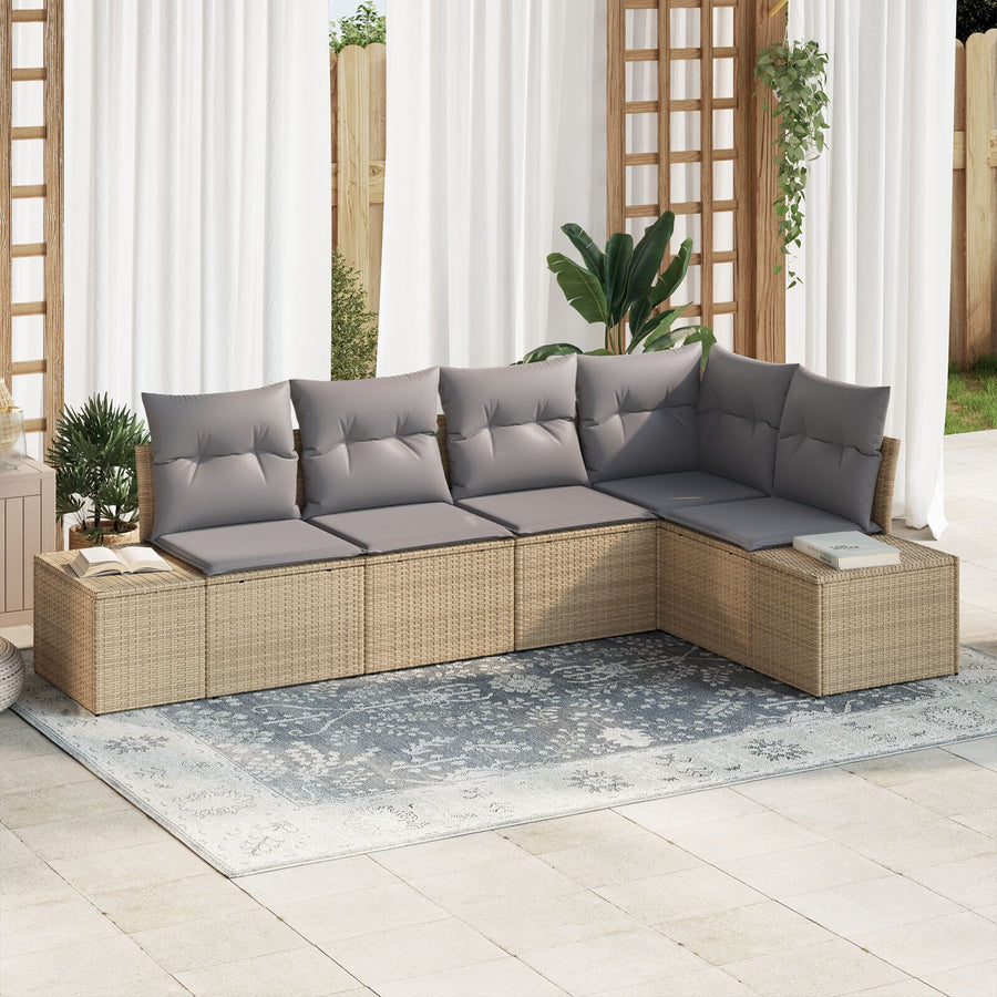 5-Delige Tuin Sofa Set Met Kussens Poly Rattan Beige en Lichtgrijs zonder tafel