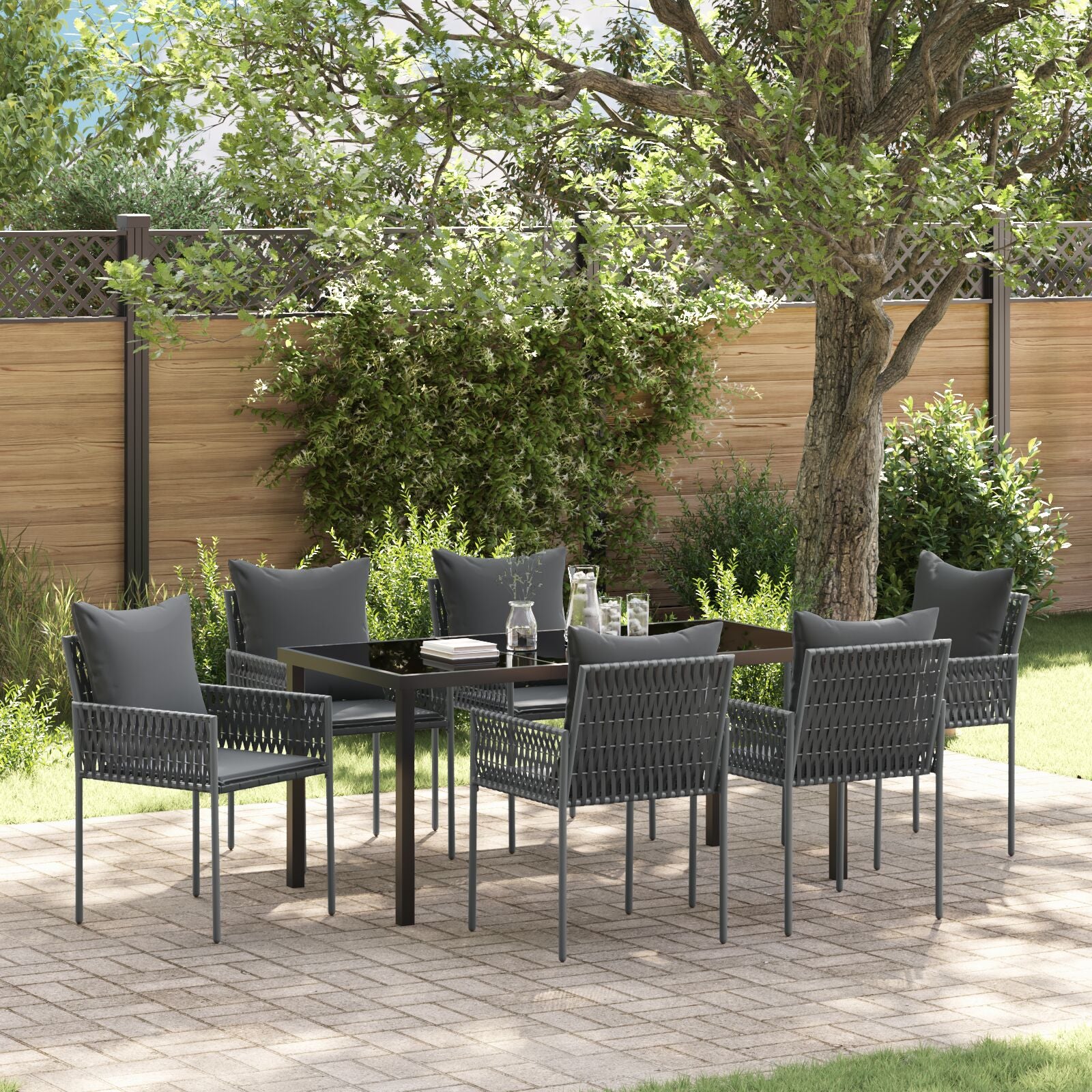 Set Van 4 Zwarte Stoelen, Donkergrijze Kussens