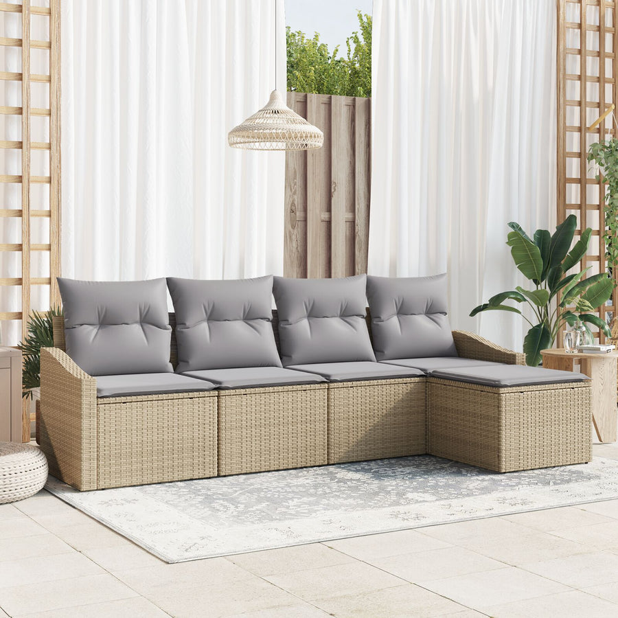 5-Delige Tuinbankset Met Kussens Beige Poly Riet