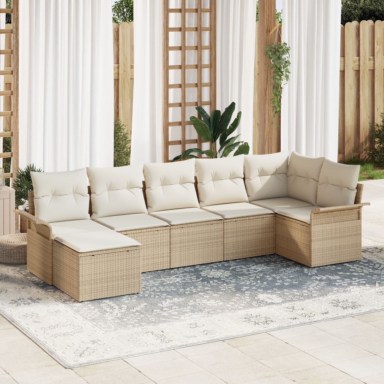 7-Delige Tuin Sofa Set Met Kussens Beige Poly Rieten