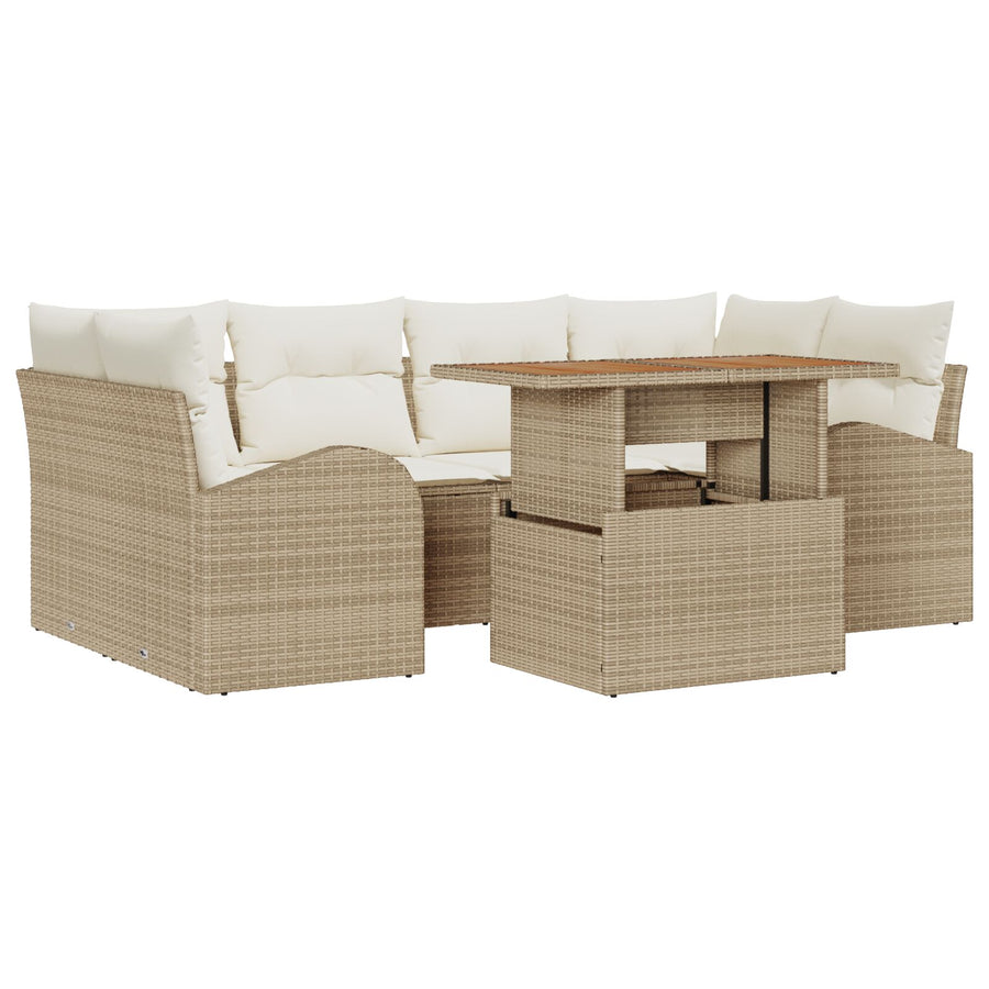 7-Delige Tuin Eettafel Set Met Kussens Beige Poly Rattan Acacia