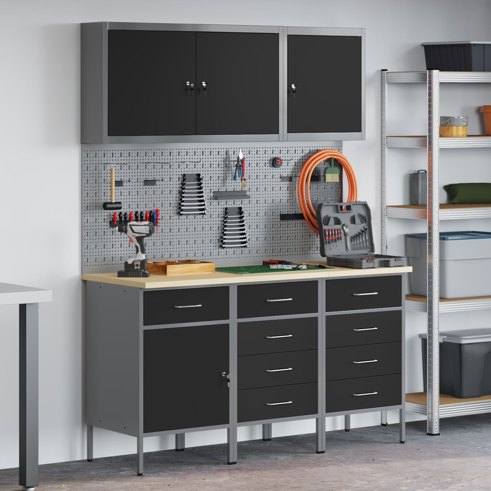 8-Delige Werkbank Set Staal 3x (84/85/85 cm) Zwart 3x kast + 3x gereedschapsbord + 2x gereedschapscabinet