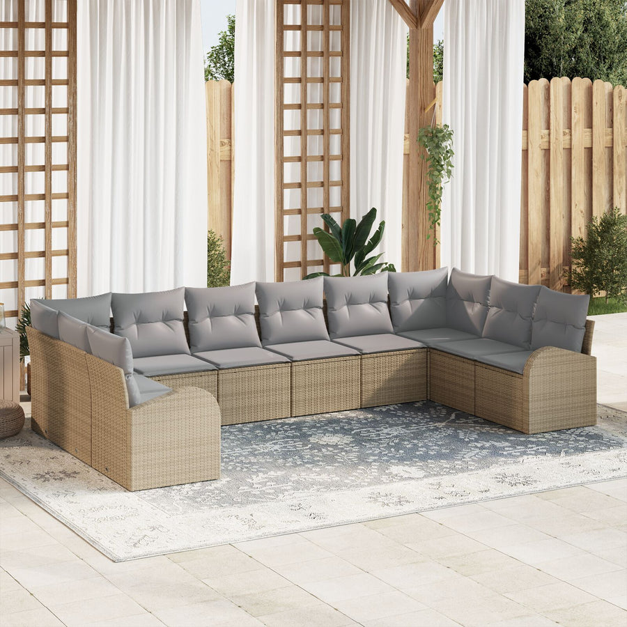 10-Delige Tuin Sofa Set Met Kussens Beige Poly Riet