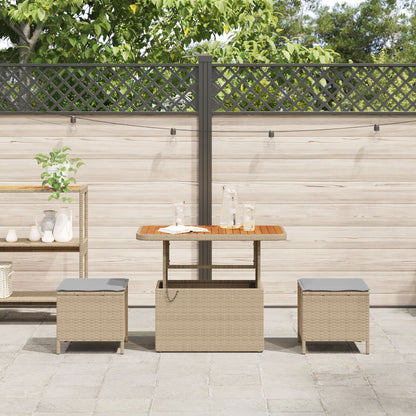 3-Delige Tuin Dining Set Met Kussens Poly Rattan Acacia 90 cm Beige en grijs 2 krukken