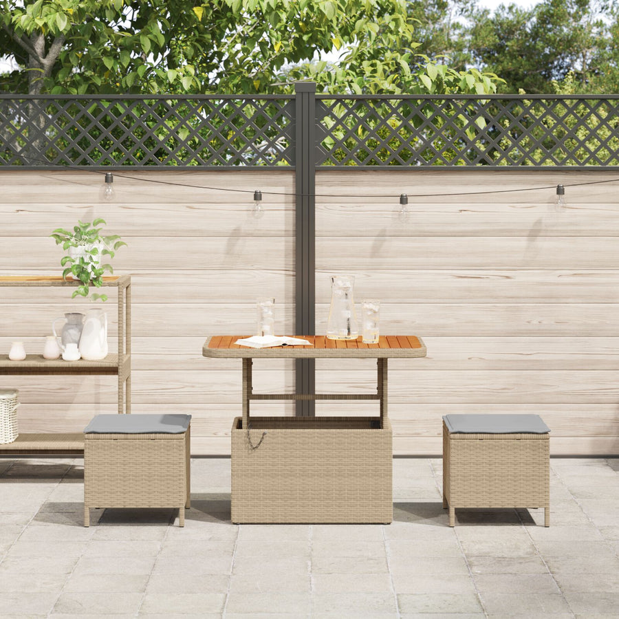 3-Delige Tuin Dining Set Met Kussens Poly Rattan Acacia 90 cm Beige en grijs 2 krukken