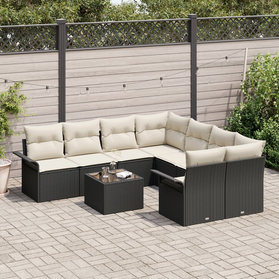 9-Delige Tuin Sofa Set Met Kussens Zwart Poly Rattan