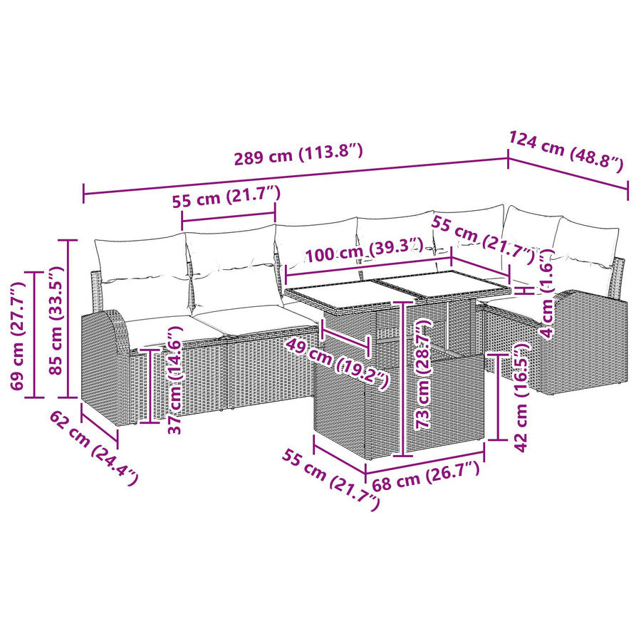 7-Delige Tuin Sofa Set Met Kussens Zwart Poly Rattan