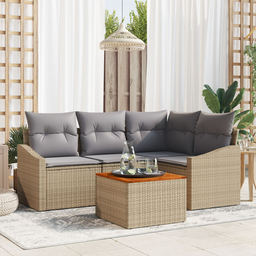 5-Delige Tuin Sofa Set Met Kussens Beige Poly Rattan Acacia