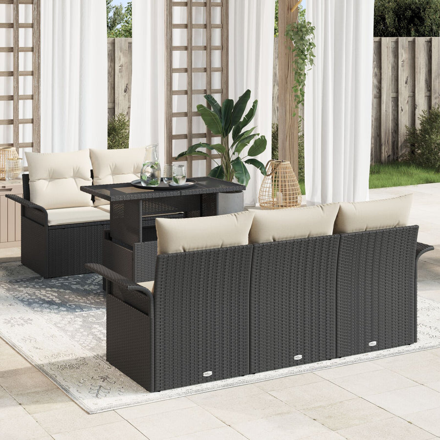 6-Delige Tuin Sofaset Met Kussens Zwart Poly Rattan