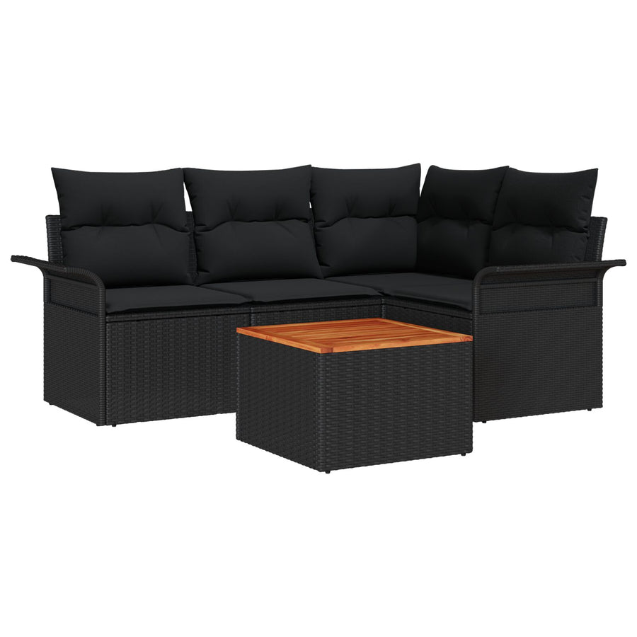5 Delige Tuin Sofa Set Met Kussens Zwart Poly Rattan Acacia