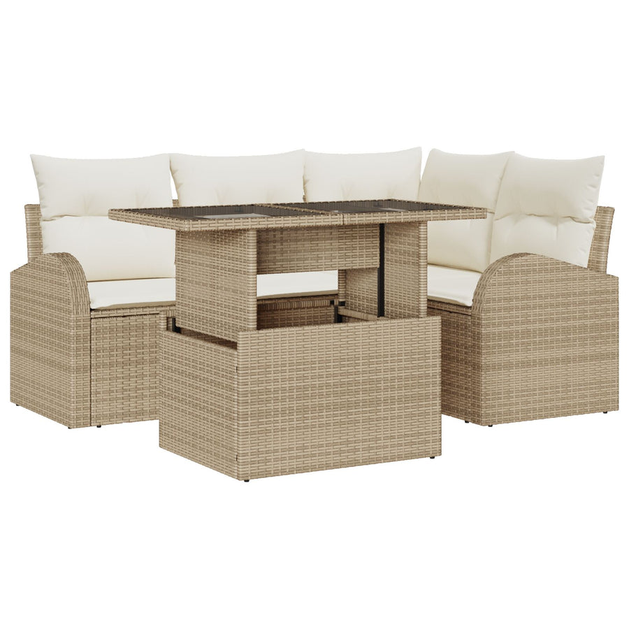 5-Delige Tuinsofa Set Met Kussens Beige Poly Rattan