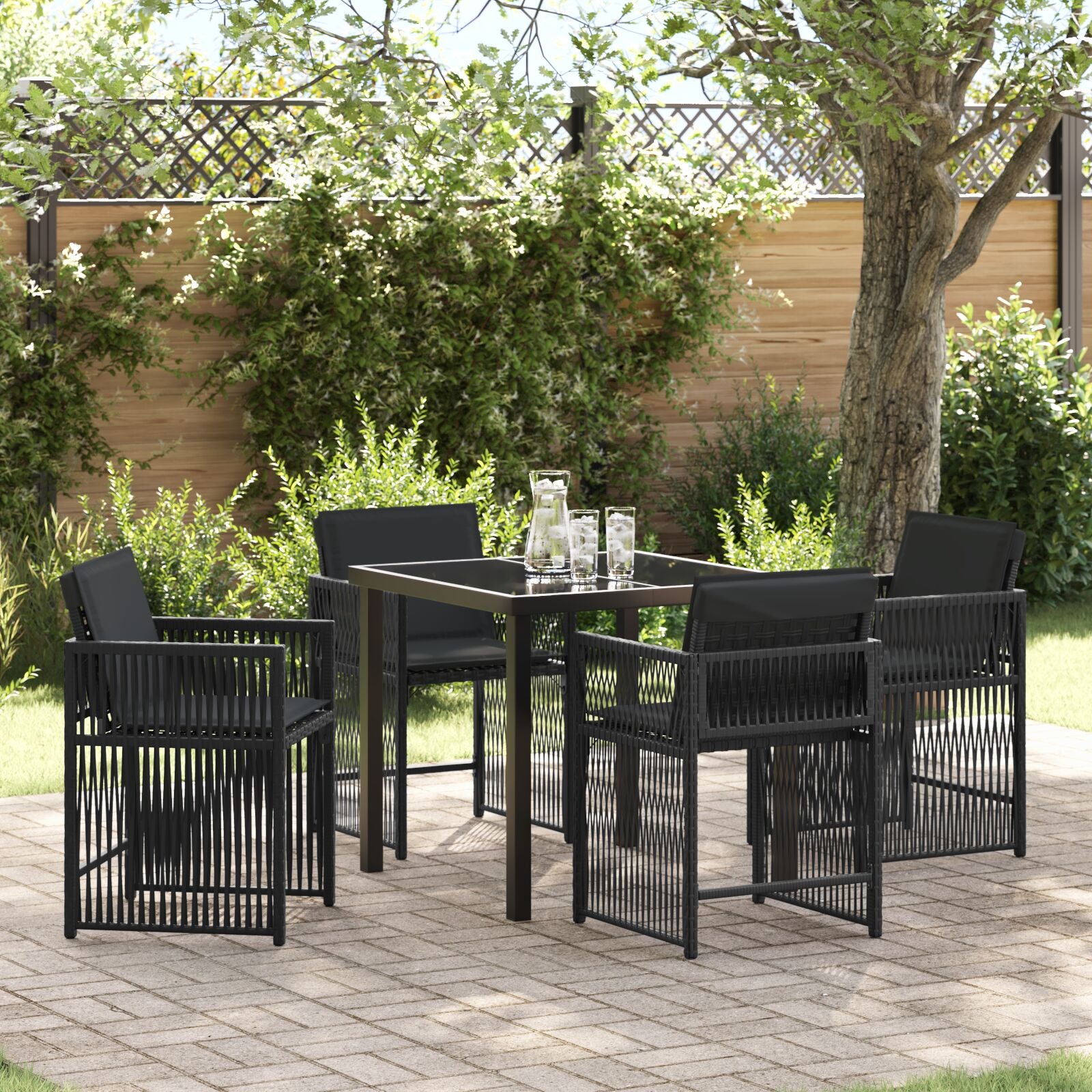 5-Delige Tuin Eetset Met Kussens Zwart Poly Rattan