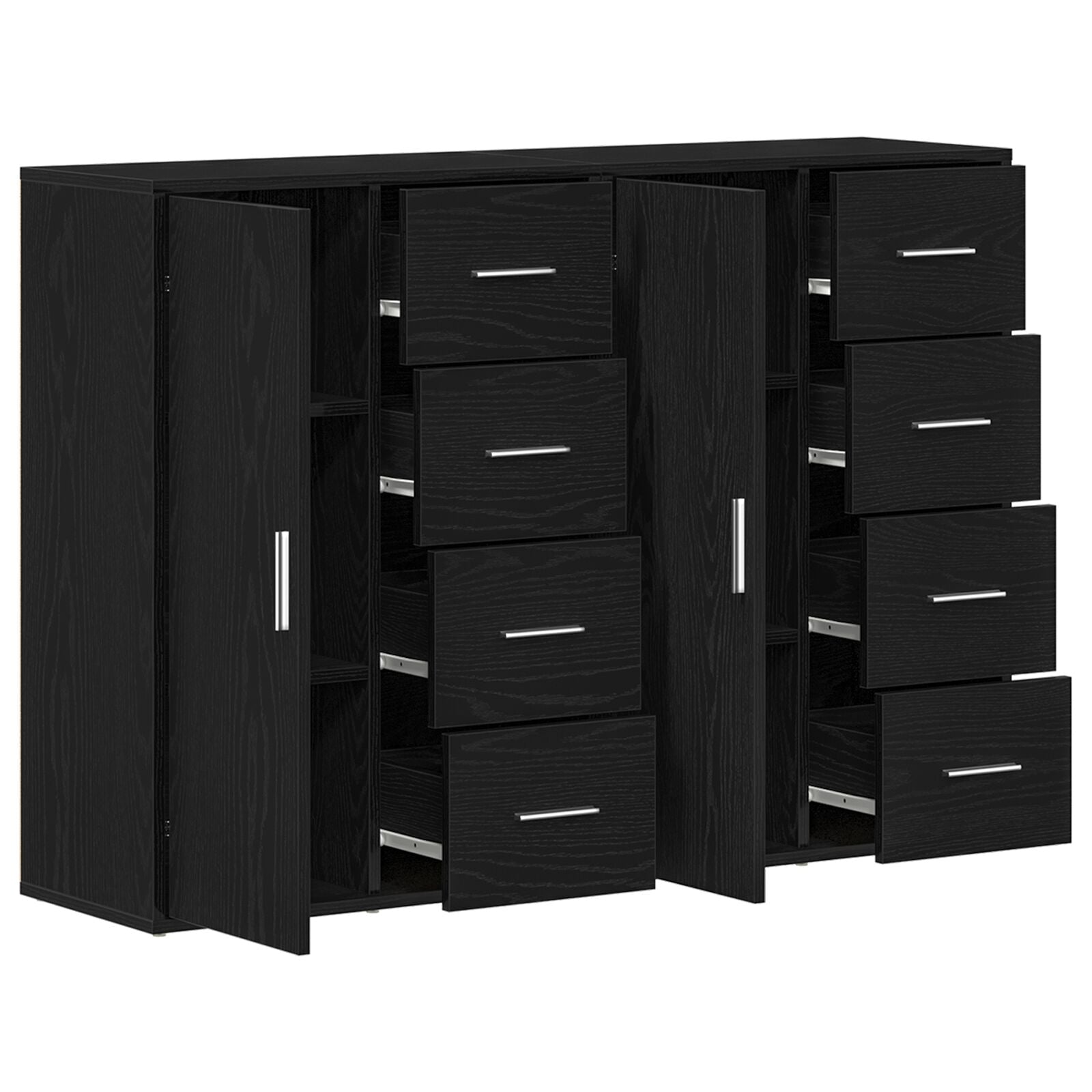Sideboard Set Van 2 Zwart Eiken Hout, Metalen Handvatten
