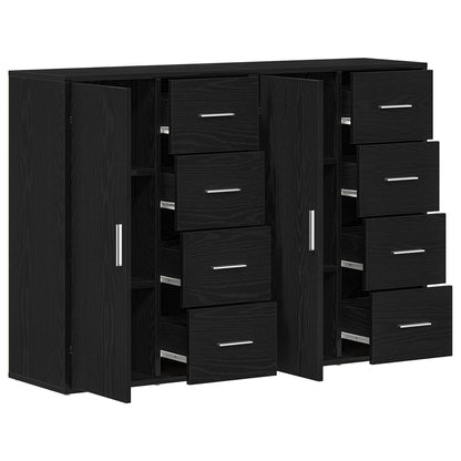 Sideboard Set Van 2 Zwart Eiken Hout, Metalen Handvatten