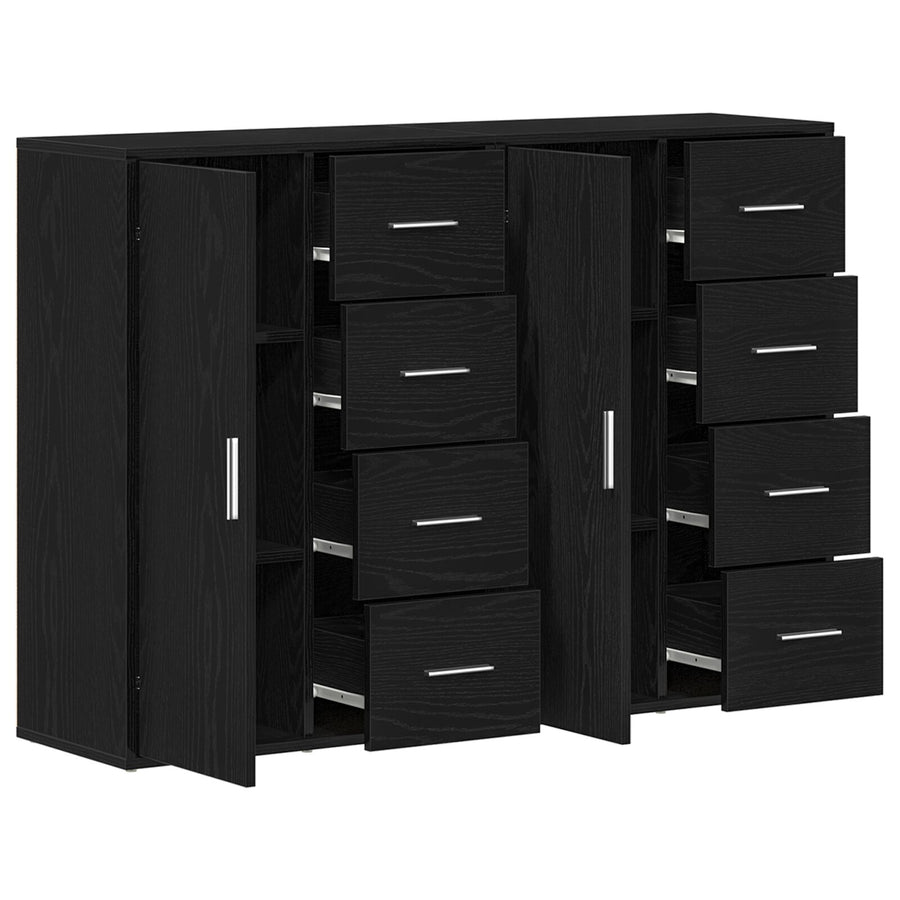 Sideboard Set Van 2 Zwart Eiken Hout, Metalen Handvatten