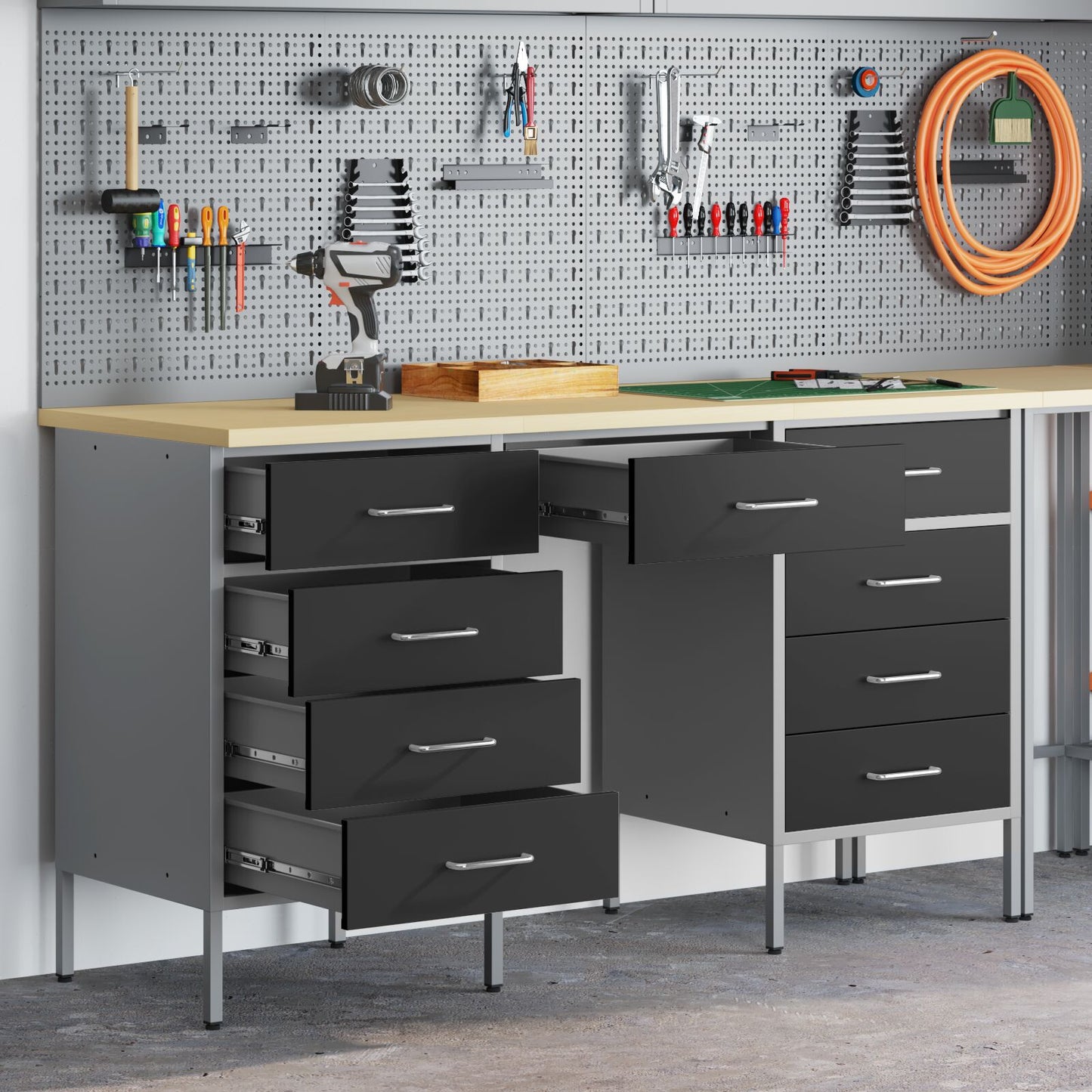 3-Delige Werkcabinet En Tafel Set Zwart Geengineerd Hout & Staal