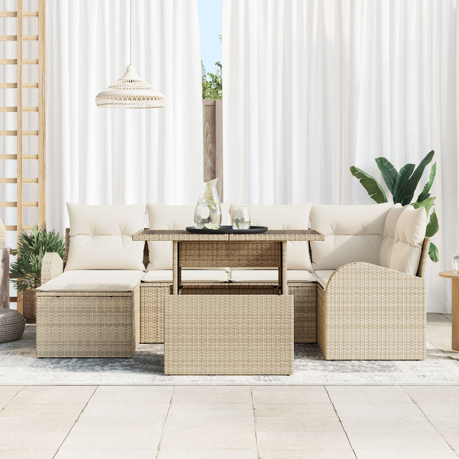 7-Delige Tuinsofa Set Met Kussens Beige Poly Rattan