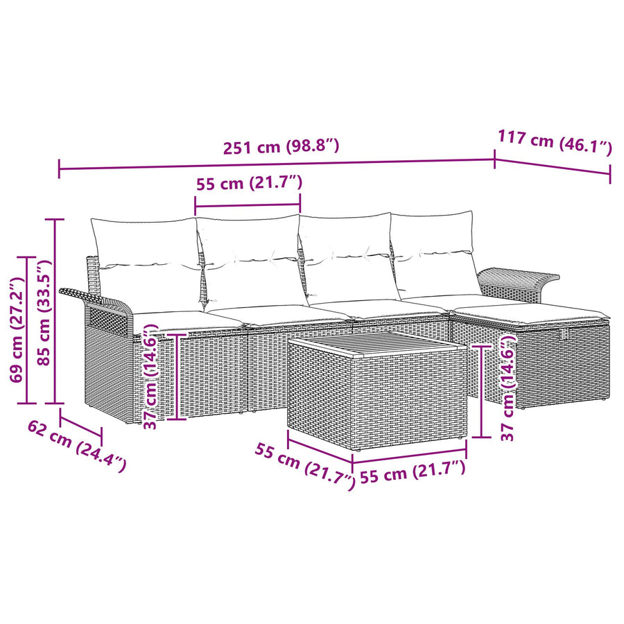 6-Delige Tuinsofa Set Met Kussens Grijs Poly Rattan