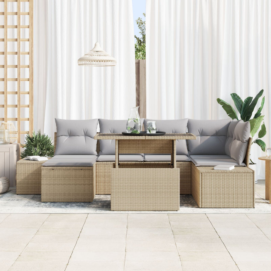 Tuinbank Set Set Van 7 Beige, Grijs Rattan, Polyester