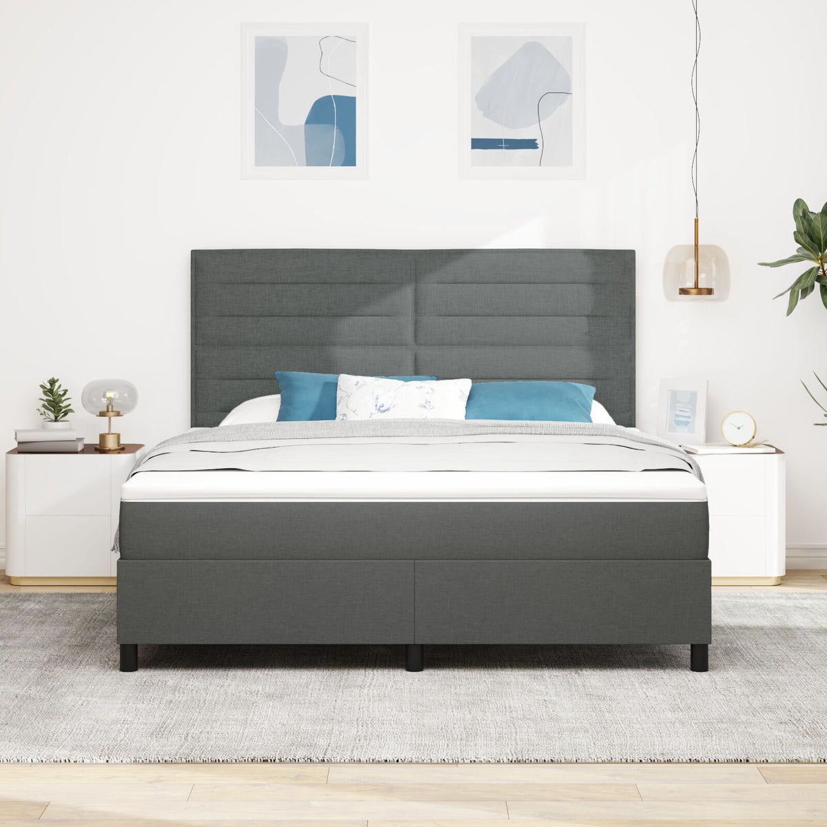 Boxspring Bed Met Matras Super King Stof Donkergrijs 180 x 200 cm Lijnen ontwerp