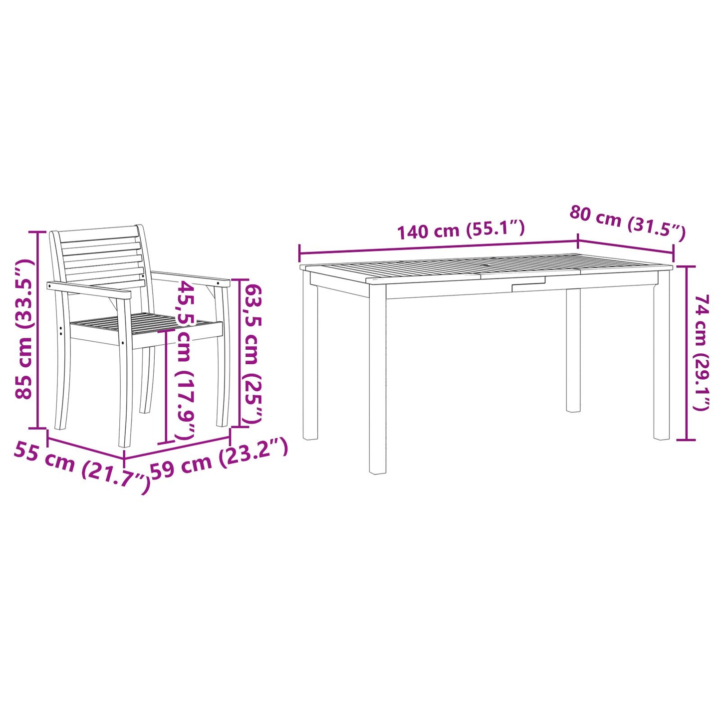 7-Delige Tuin Eetset Van Massief Acaciahout 6-Persoons 140 cm tafel lengte