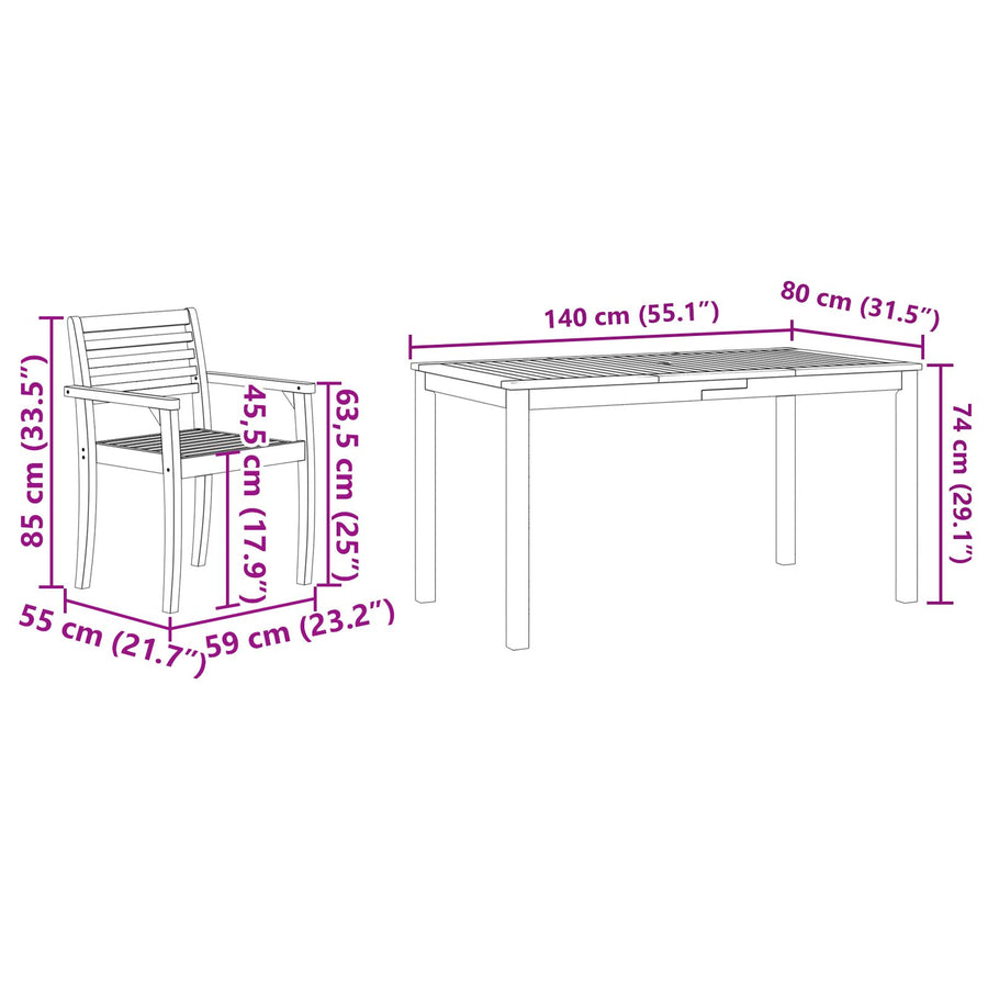 7-Delige Tuin Eetset Van Massief Acaciahout 6-Persoons 140 cm tafel lengte