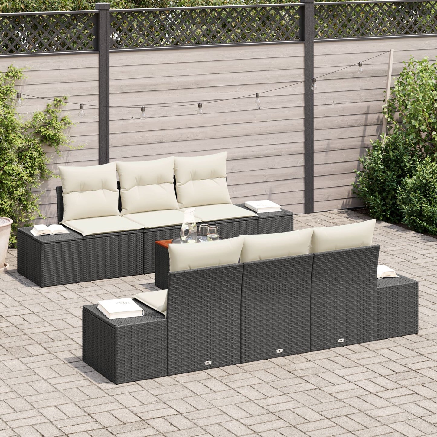 7-Delige Tuinbankset Met Kussens Zwart Poly Rattan Acacia