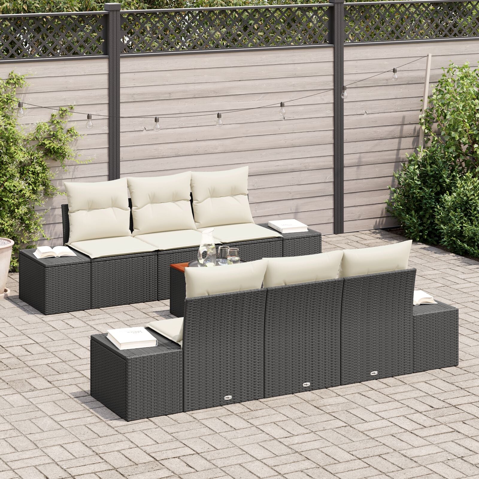 7-Delige Tuinbankset Met Kussens Zwart Poly Rattan Acacia
