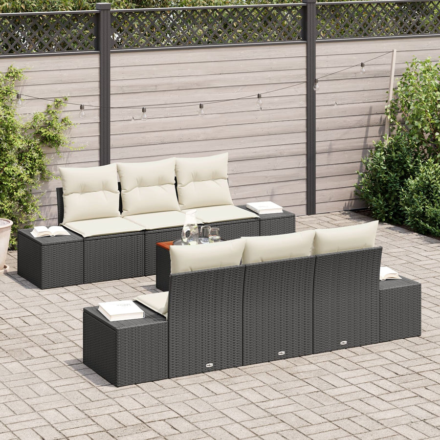 7-Delige Tuinbankset Met Kussens Zwart Poly Rattan Acacia