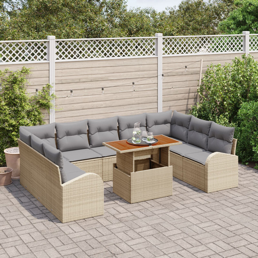 10-Delige Tuin Eetset Met Kussens Beige Poly Rattan Acacia