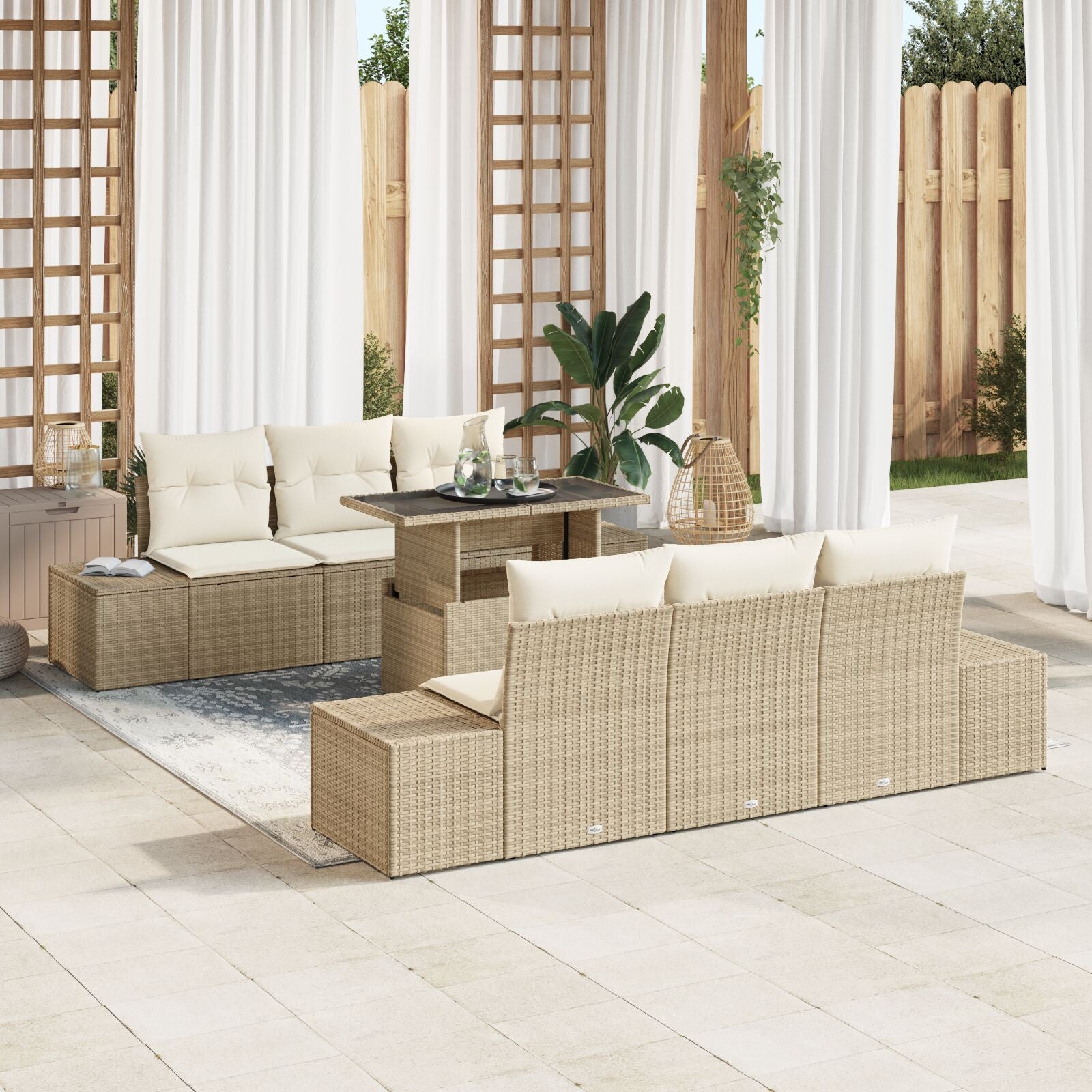 Tuin Sofa Set 7-Delig Beige Rattan Tuin Sofa Set Rechthoekig