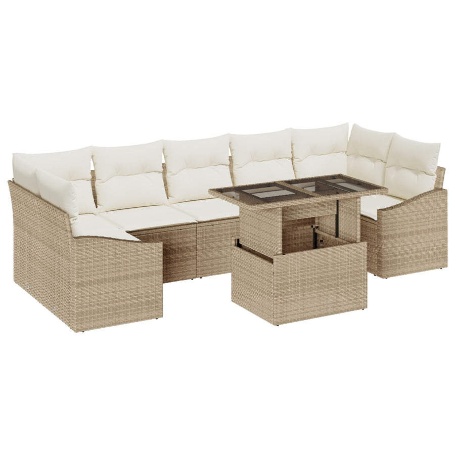 Tuinset Set Van 8 Beige, Crème Rattan, Polyester Buitentafel