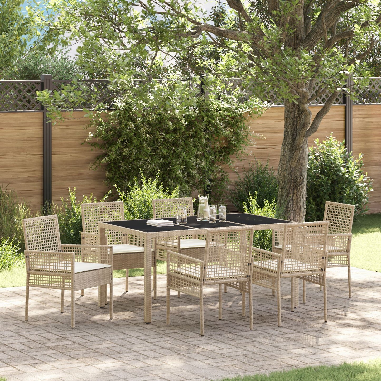 7-Delige Tuin Eetset Met Kussens Beige Poly Rattan