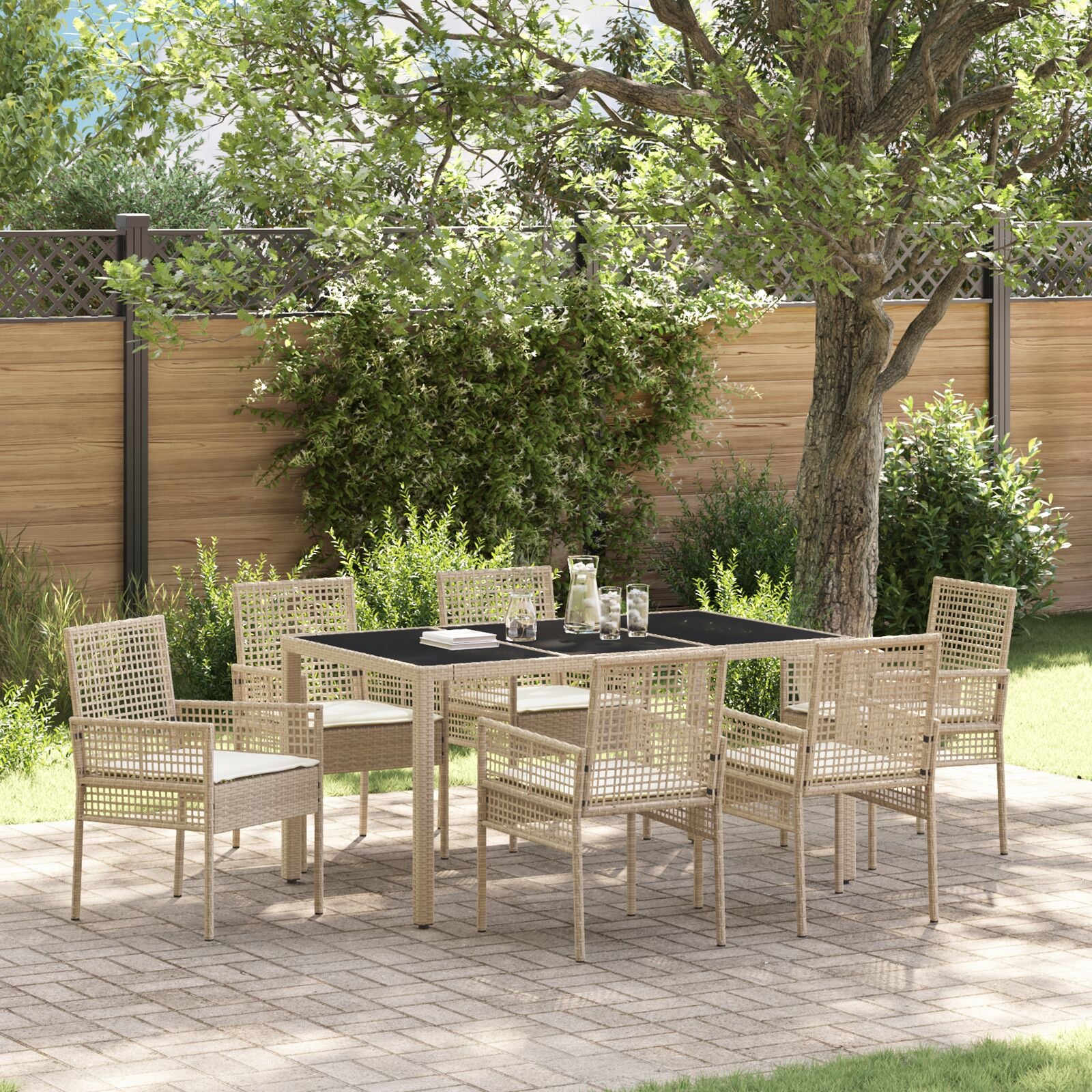 7-Delige Tuin Eetset Met Kussens Beige Poly Rattan