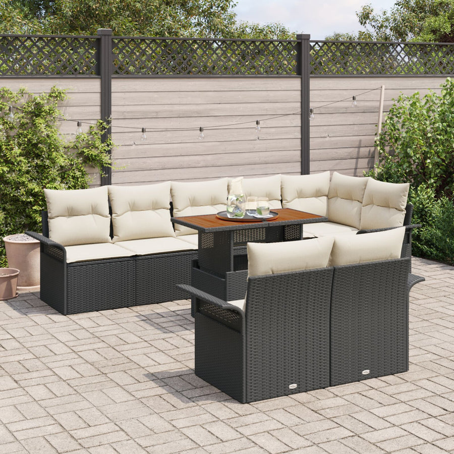 9-Delige Tuinset Met Kussens Zwart Poly Rattan Acacia
