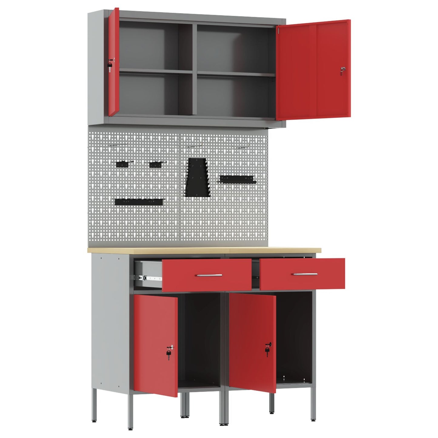 5-Delige Werktafelset Staal 2x (84 cm) Rood 2x kast + 2x pegboard + gereedschapskast