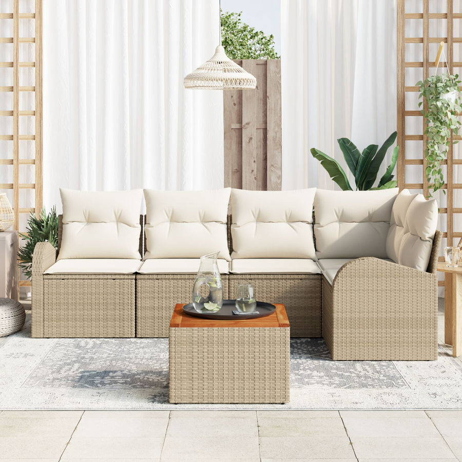 6-Delige Tuinbankset Met Kussens Beige Poly Rattan Acacia