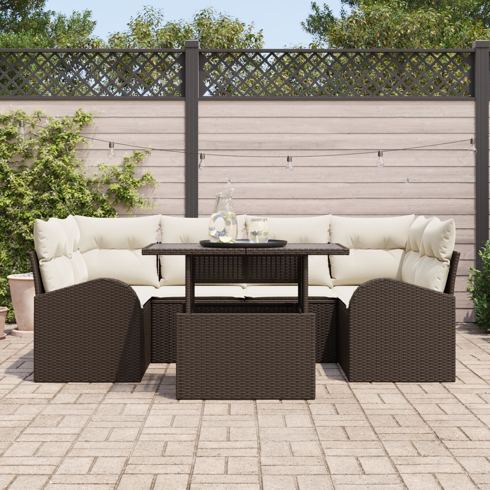 7-Delige Tuin Sofa Set Met Kussens Bruin Poly Rattan