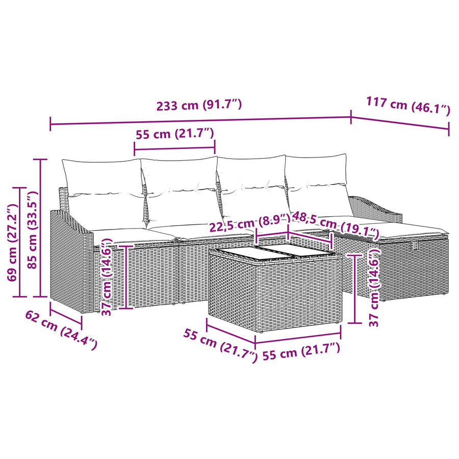 6-Delige Tuin Sofa Set Met Kussens Zwart Poly Rattan