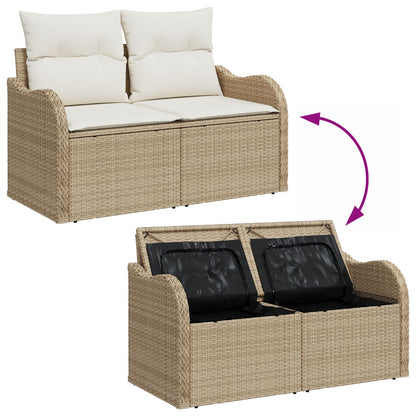 11-Delige Tuin Sofa Set Met Kussens Beige Poly Rattan,  2-Zitter Tuin Sofa Met Opbergruimte & Kussens Beige Poly Rattan