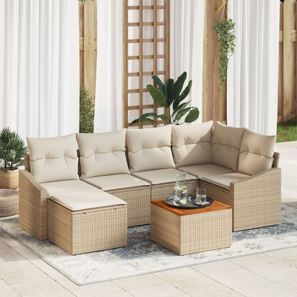 7-Delige Tuin Sofa Set Met Kussens Beige Poly Rattan Acacia