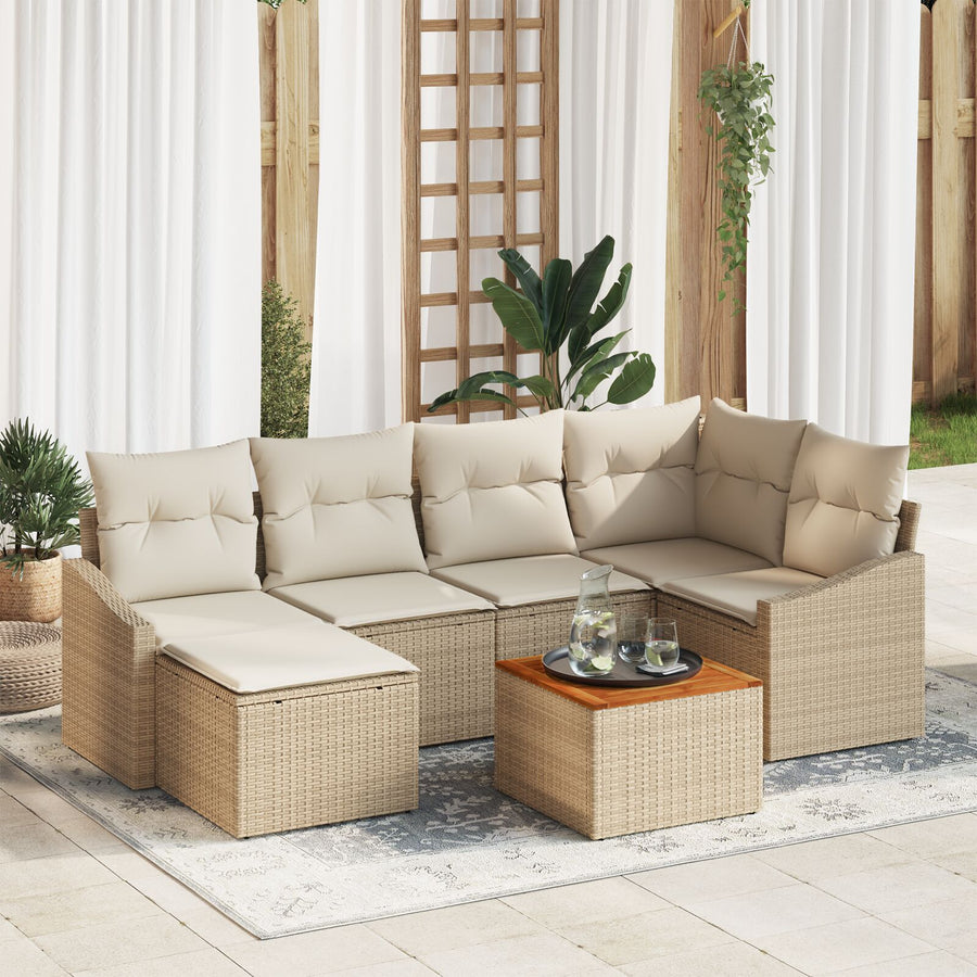 7-Delige Tuin Sofa Set Met Kussens Beige Poly Rattan Acacia