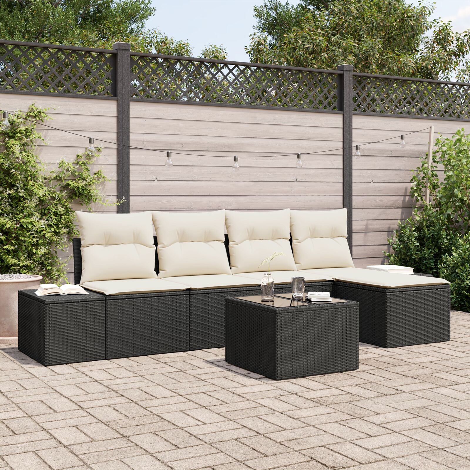 5-Delige Tuin Sofa Set Met Kussen Bruin Poly Rattan Zwart en wit met tafel