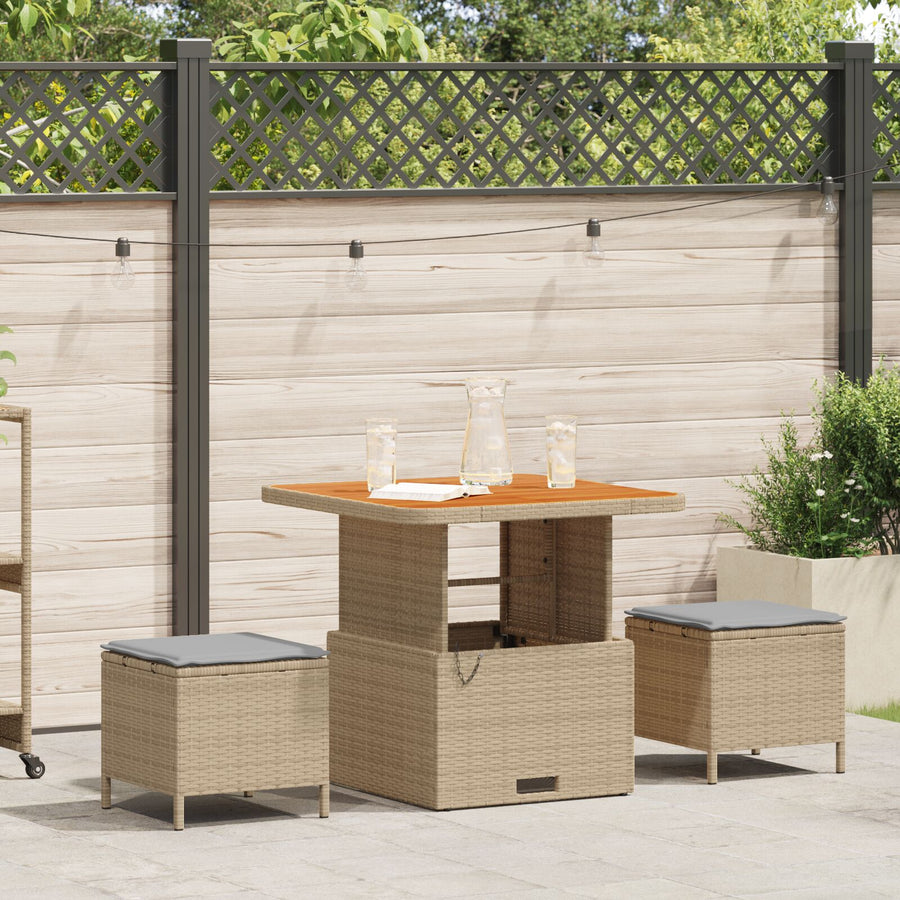 3-Delige Tuin Eetset Met Kussens Poly Rattan Acaciahout 80 cm Beige en grijs 2 stools