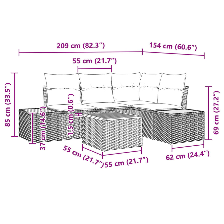 5 Delige Tuin Sofaset Met Kussens Beige Poly Rattan Acacia