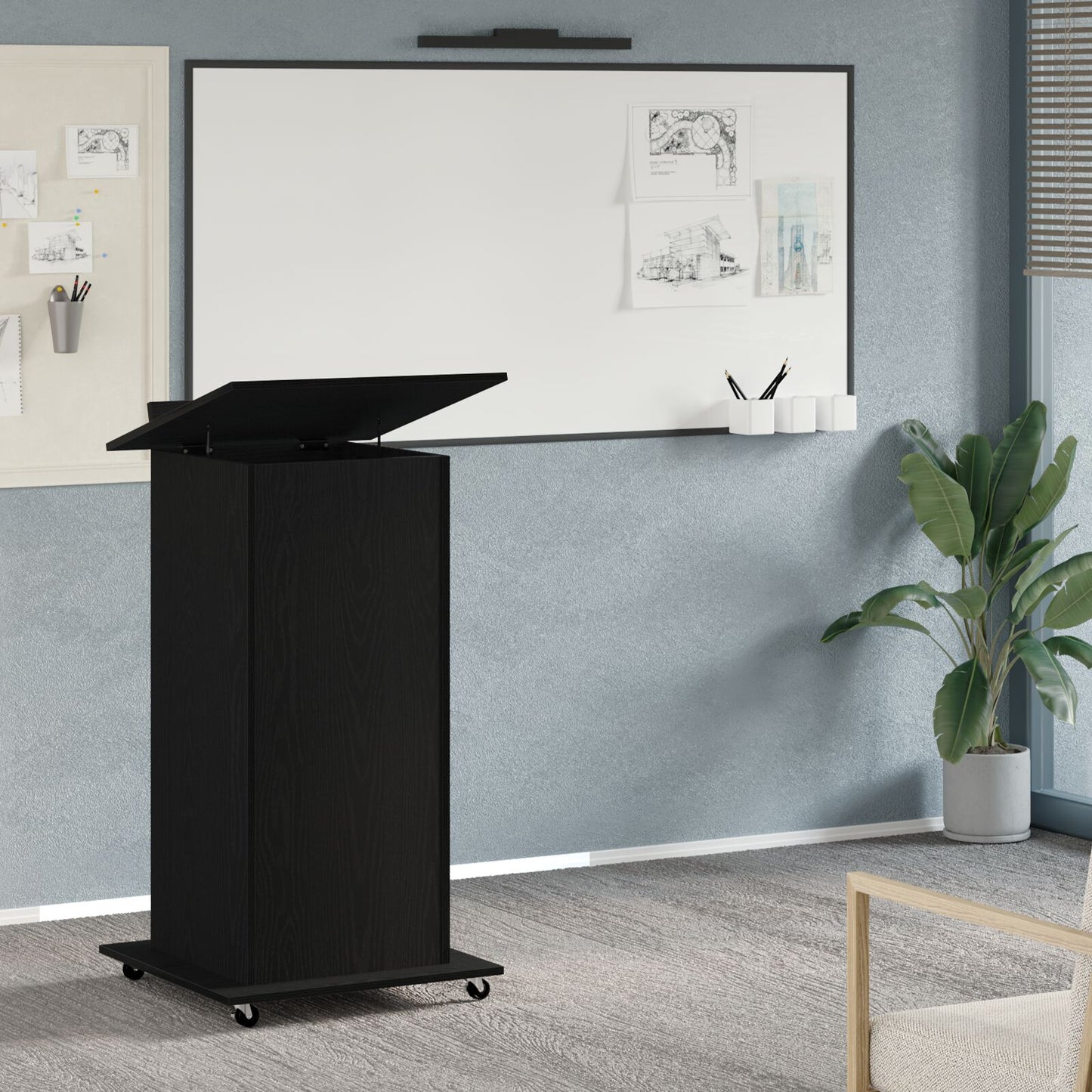 Lectern Podium Met Wielen Zwart Eiken Hout