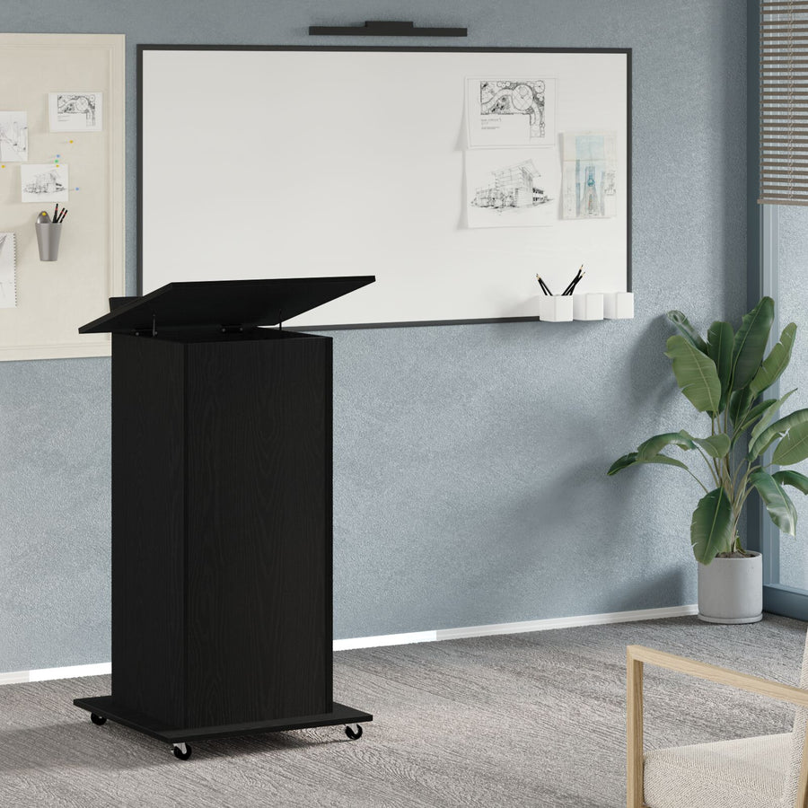 Lectern Podium Met Wielen Zwart Eiken Hout