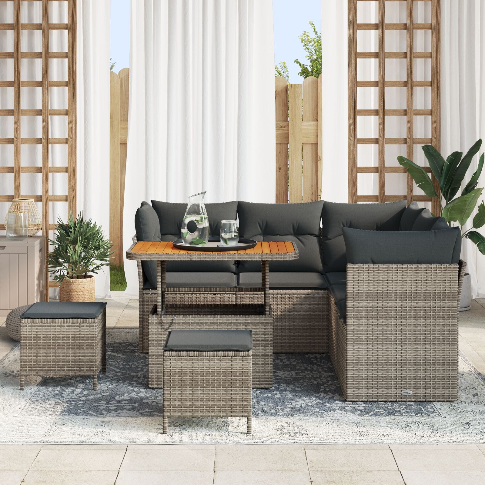 8-Piece Tuin Sofa Set Met Kussens Grijs Poly Rattan Acacia, 3-Piece Tuin Eet Set Met Kussens Grijs Poly Rattan Acacia Wit