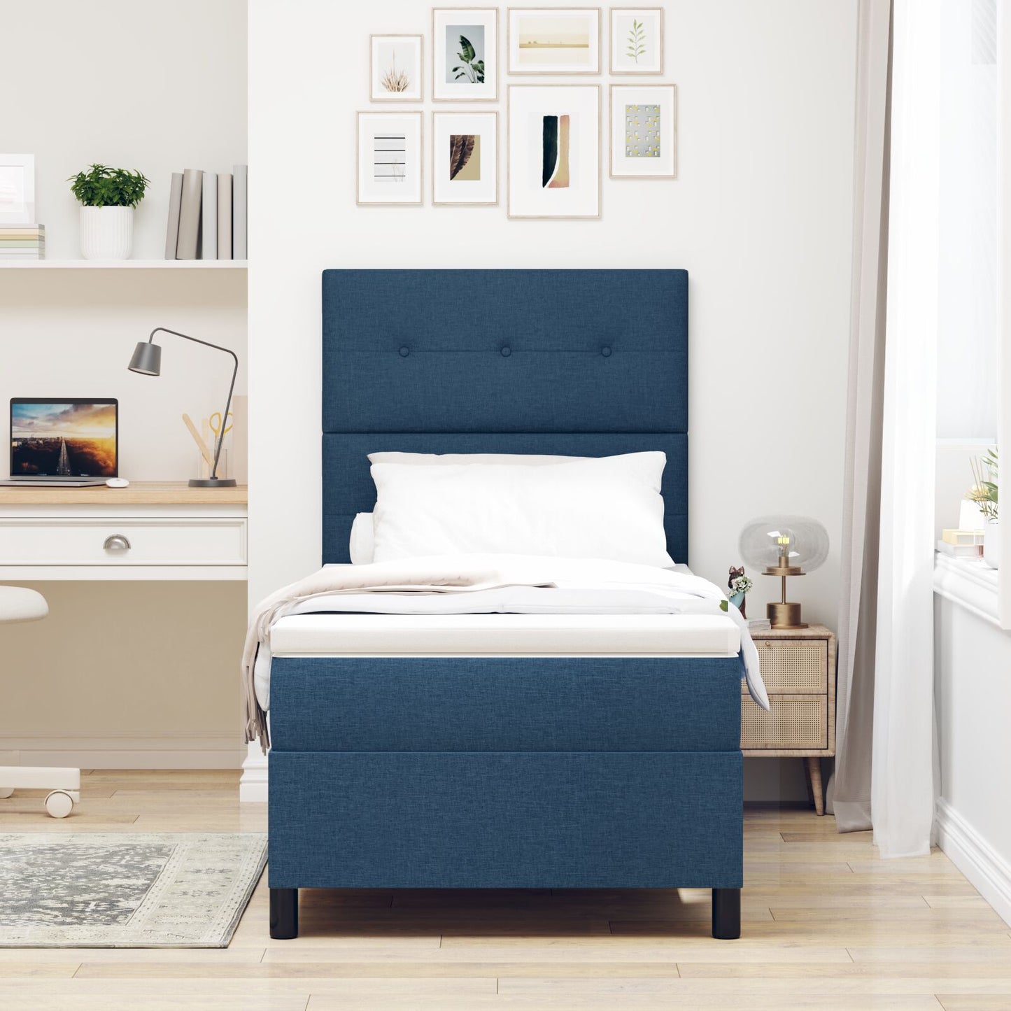 Boxspring Bed Met Matras Eenpersoons Stof Blauw 90 x 190 cm Knoopgestikt
