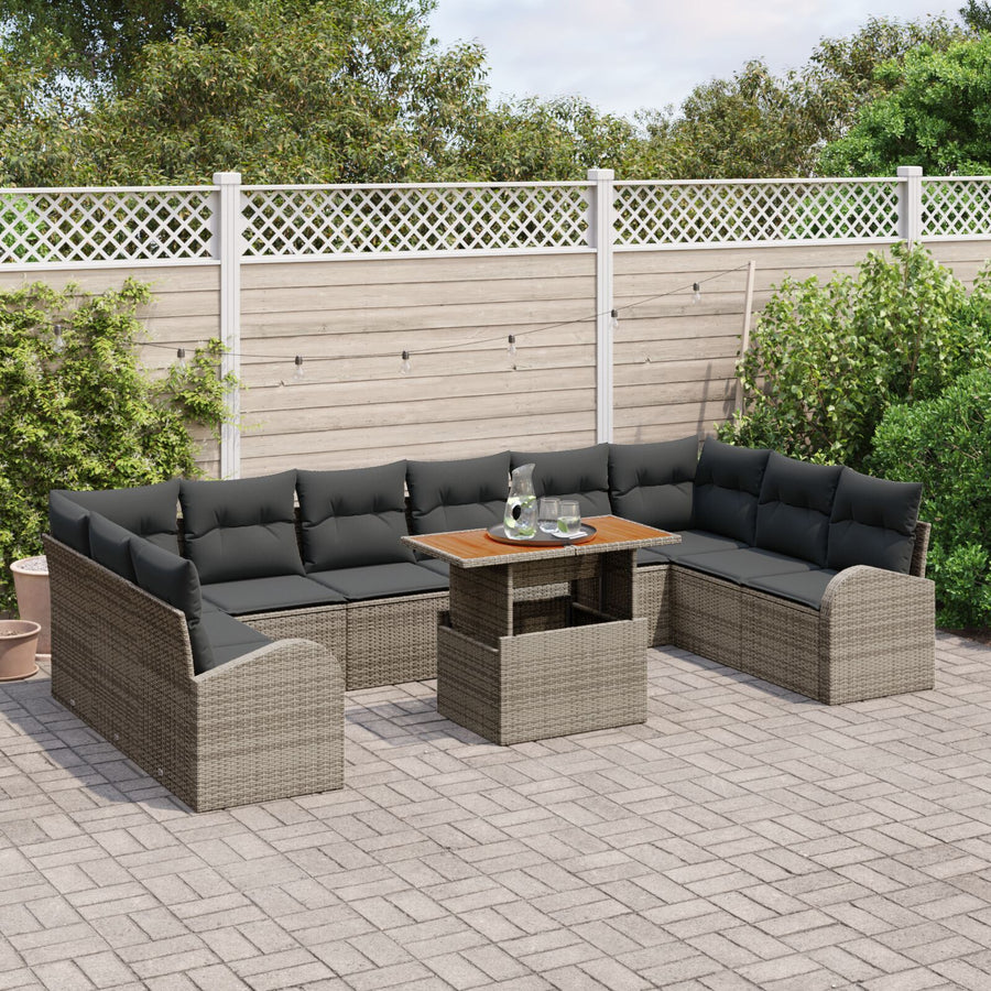 Tuinbank Set 11-Delige Set Grijs Rattan Tuin Eetset Rechthoekig
